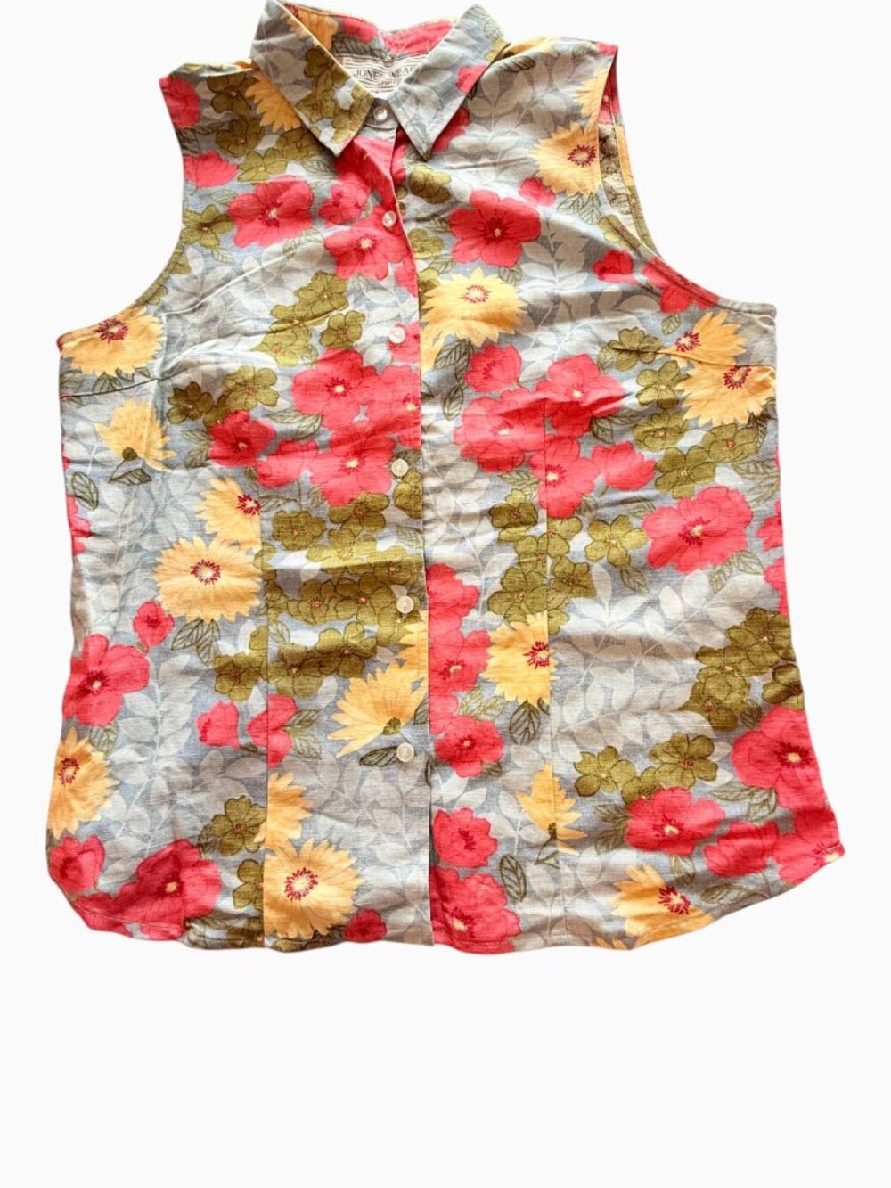 Jones Wear Sport Sleeveless Linen Floral Blend Button-Down Blouse Womens Size 12